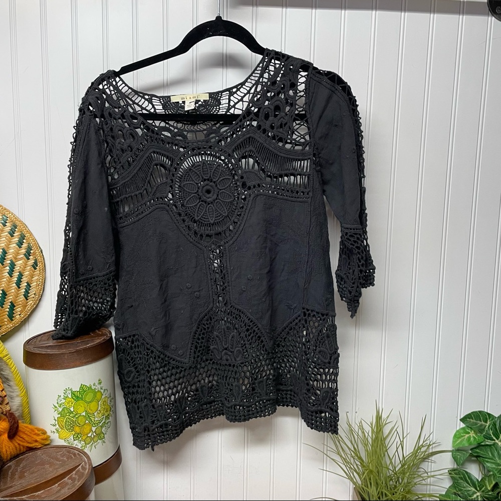 Mi Ami Black Crochet Boho Top Size Small